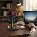 Stând de joc pentru căști cu iluminare RGB și porturi USB-C și USB Înălțime 24,2 cm Bară din aluminiu Bază antiderapantă 2