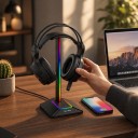 Stând de joc pentru căști cu iluminare RGB și porturi USB-C și USB Înălțime 24,2 cm Bară din aluminiu Bază antiderapantă 3