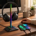 Stând de joc pentru căști cu iluminare RGB și porturi USB-C și USB Înălțime 24,2 cm Bară din aluminiu Bază antiderapantă 5