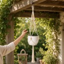 Macramé ophæng til plantekrukker med træperler og flettet ophæng Længde 105 cm Flettet snor af plantefibre Hvid Boho dekoration 2