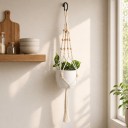 Macramé ophæng til plantekrukker med træperler og flettet ophæng Længde 105 cm Flettet snor af plantefibre Hvid Boho dekoration 3