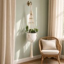 Macramé ophæng til plantekrukker med træperler og flettet ophæng Længde 105 cm Flettet snor af plantefibre Hvid Boho dekoration 4