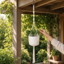 Macramé ophæng til blomsterkrukker Minimalistisk med metalring og snoet snor 100 cm Snor af plantefibre Hvid Boho dekoration 2