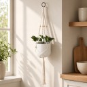 Macramé ophæng til plantekrukker med træperler og metalring Længde 105 cm Flettet reb af plantefibre Hvid Boho dekoration 3