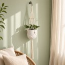 Macramé ophæng til plantekrukker med træperler og metalring Længde 105 cm Flettet reb af plantefibre Hvid Boho dekoration 4