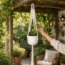 Macramé ophæng til blomsterkrukker med flettet rhombusmønster og træperler 105 cm Snor af plantefibre Hvid Boho dekoration 2