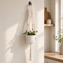 Macramé ophæng til blomsterkrukker med flettet rhombusmønster og træperler 105 cm Snor af plantefibre Hvid Boho dekoration 3