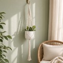 Macramé ophæng til blomsterkrukker med flettet ophæng og tætte spiralknuder 105 cm Snor af plantefibre Hvid Boho dekoration 4