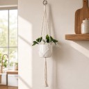 Macramé ophæng til plantekrukker Minimalistisk med flade knuder og metalring 105 cm Snor af plantefibre Hvid Boho dekoration 2