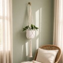 Macramé ophæng til plantekrukker Minimalistisk med flade knuder og metalring 105 cm Snor af plantefibre Hvid Boho dekoration 3