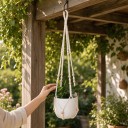 Macramé ophæng til blomsterkrukker med træperler og langt flettet bånd 90 cm Snor af plantefibre Hvid Boho dekoration 2