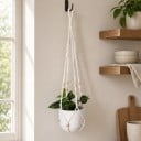 Macramé ophæng til blomsterkrukker med træperler og langt flettet bånd 90 cm Snor af plantefibre Hvid Boho dekoration 3