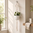 Macramé ophæng til plantekrukker med geometrisk flettet konstruktion og metalring 90 cm Snor lavet af plantefibre Hvid Boho dekoration 3