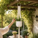 Hamac en macramé pour pot de fleurs avec grand cercle et panneau en losange 105 cm Corde en fibres végétales Blanche Décoration Boho 2