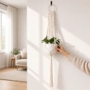 Hamac en macramé pour pot de fleurs avec grand cercle et panneau en losange 105 cm Corde en fibres végétales Blanche Décoration Boho 4