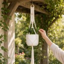 Macramé ophæng til plantekrukker med træring og flettet bånd med perler 100 cm Snor lavet af plantefibre Hvid Boho dekoration 2
