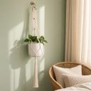Macramé ophæng til plantekrukker med træring og flettet bånd med perler 100 cm Snor lavet af plantefibre Hvid Boho dekoration 4