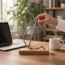 Kinetisk pendul C 28,5 x 9,5 x 24,5 cm Bevægeligt arm på leje Fod i trædekoration Sølv og brun Dekoration til kontoret 4