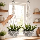Makramé ophæng til blomsterkrukker 2 stk Hvid 50 cm med metalring og 2 S kroge Håndlavet i boho stil til stueplanter og balkon 2