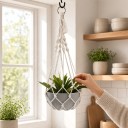 Makramé ophæng til blomsterkrukker 2 stk Hvid 50 cm med metalring og 2 S kroge Håndlavet i boho stil til stueplanter og balkon 5