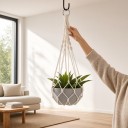 Makramé ophæng til blomsterkrukker 2 stk Hvid 50 cm med metalring og 2 S kroge Håndlavet i boho stil til stueplanter og balkon 6