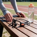 Otevřená sportovní sluchátka za krk s mikrofonem a Bluetooth 5.4 s výdrží 16 hodin a hmotností 36 g v černé barvě s oranžovými prvky 2