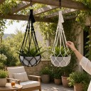 Makramé ophæng til blomsterkrukker 2 stk Hvid og sort 50 cm med metalring og 2 S kroge Håndlavet i boho stil til stueplanter 2