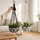 Makramé ophæng til blomsterkrukker 2 stk Hvid og sort 50 cm med metalring og 2 S kroge Håndlavet i boho stil til stueplanter 3