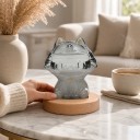 Bouřkové sklo Storm Glass ve tvaru sedící kočky 11 x 12 cm Šedý skleněný barometr s krystaly Dřevěný podstavec Dekorace na stůl 3