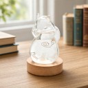 Bouřkové sklo Storm Glass ve tvaru kočky s obláčky 12,3 x 8 cm Skleněný barometr s krystaly Kulatý dřevěný podstavec 3