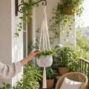 Makramé ophæng til plantekrukker med løkke og spiralformede knuder 105 cm Håndlavet bomuldsreb Hvid Boho dekoration til stueplanter 4