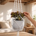 Makramé ophæng til plantekrukker med løkke og spiralformede knuder 105 cm Håndlavet bomuldsreb Hvid Boho dekoration til stueplanter 5