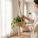 Makramé ophæng til blomsterkrukker 90 cm Spiralknuder og træperler Håndlavet bomuldsreb Beige med orange sløjfe Boho stil 2