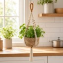 Makramé ophæng til blomsterkrukker 90 cm Spiralknuder og træperler Håndlavet bomuldsreb Beige med orange sløjfe Boho stil 4