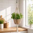 Makramé ophæng til plantekrukker 90 cm Lige flettede bånd og træperler Håndflettet bomuldsreb Beige Boho dekoration til planter 4