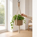 Makramé ophæng til blomsterkrukke 90 cm Tykke snoede knuder Håndlavet bomuldsreb Beige med orange sløjfe Boho dekoration til planter 2