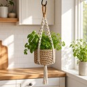 Makramé ophæng til blomsterkrukke 90 cm Tykke snoede knuder Håndlavet bomuldsreb Beige med orange sløjfe Boho dekoration til planter 4