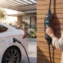 Dreiphasige tragbare Ladestation für Elektrofahrzeuge Typ 2 11 kW 16 A Kabel 5 m CEE und Schuko-Adapter Ladestation mit Display Schwarz 6