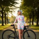 Ladies' Cycling Set Long Sleeve Jersey and Shorts Fitted Cut Stand-Up Collar and Zip Polyester and Spandex White Camouflage with Pink 7