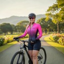 Women's Cycling Set Long Sleeve Jersey and Shorts Fitted Elastic Fit Stand-Up Collar and Zip Polyester and Spandex Pink with Black 5