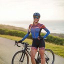 Ladies' Cycling Set Long Sleeve Jersey and Shorts Fitted Elastic Fit Zip Polyester and Spandex Blue with Orange Stripes 4