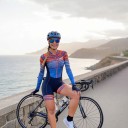 Ladies' Cycling Set Long Sleeve Jersey and Shorts Fitted Elastic Fit Zip Polyester and Spandex Blue with Orange Stripes 6