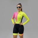Ladies' Cycling Set Long Sleeve Jersey and Shorts Fitted Elastic Fit Stand-up Collar and Zip Polyester and Spandex Yellow with Pink 3