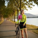 Ladies' Cycling Set Long Sleeve Jersey and Shorts Fitted Elastic Fit Stand-up Collar and Zip Polyester and Spandex Yellow with Pink 5