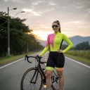 Ladies' Cycling Set Long Sleeve Jersey and Shorts Fitted Elastic Fit Stand-up Collar and Zip Polyester and Spandex Yellow with Pink 6
