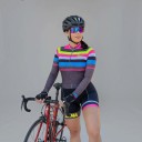 Women's Cycling Set Long Sleeve Jersey and Shorts Fitted Cut Stand-Up Collar and Zip Polyester and Spandex Grey with Colourful Stripes 2
