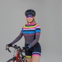 Women's Cycling Set Long Sleeve Jersey and Shorts Fitted Cut Stand-Up Collar and Zip Polyester and Spandex Grey with Colourful Stripes 3