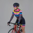 Women's Cycling Set Long Sleeve Jersey and Shorts Fitted Cut Stand-Up Collar and Zip Polyester and Spandex Grey with Colourful Stripes 4