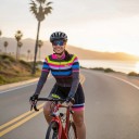 Women's Cycling Set Long Sleeve Jersey and Shorts Fitted Cut Stand-Up Collar and Zip Polyester and Spandex Grey with Colourful Stripes 7