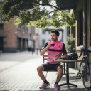 Men's Sleeveless Cycling Gilet Full-Length Zip Stand-Up Collar Extended Back Stretch Hem Polyester Pink with Grey Stripes 6
